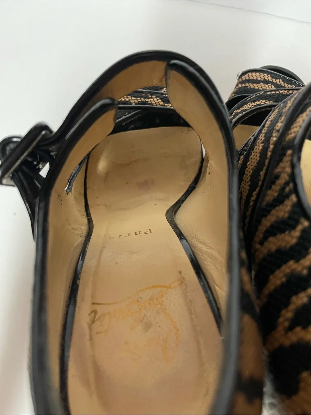 Christian Louboutin Black and Tan Zebra Cork Wedge Mary Jane Pumps 36